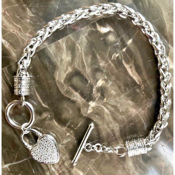 unknown Jewelry - Signed 925 Sterling Silver Bracelet .05Ct Pave Set Diamond Heart Charm